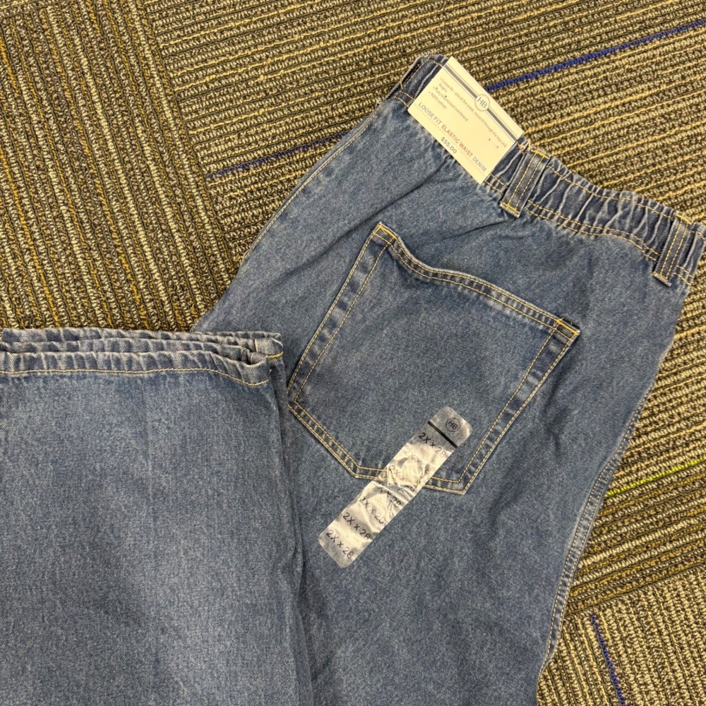 HB Harbor Bay Mens 2XL Elastic Waist Denim Blue Crop Pants Jeans